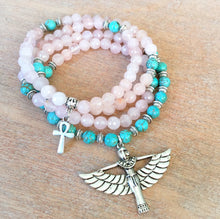 Load image into Gallery viewer, Rose Quartz &amp; Turquoise Howlite 108 Mala Beads w/ Egyptian Goddess Isis