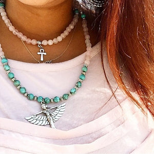 Rose Quartz & Turquoise Howlite 108 Mala Beads w/ Egyptian Goddess Isis