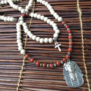 Red Jasper & White Wood Mala Beads w/ Egyptian Ankh