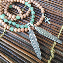 Load image into Gallery viewer, Green Aventurine &amp; Rosewood 108 Bead Mala Necklace w/ Feathers