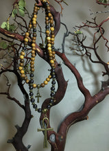 Load image into Gallery viewer, Garnet &amp; Wood Mala Beads w/ Egyptian Ankh Pendant