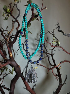 Lapis Lazuli & Turquoise Howlite Mala Beads w/ Ganesh