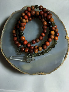Labradorite & Redwood Mala Beads w/ Clear Quartz Pendant