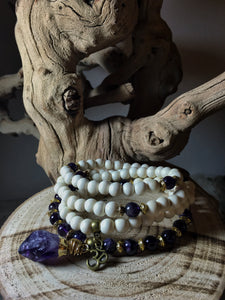 Amethyst & White Wood Mala Beads w/ Raw Amethyst Pendant
