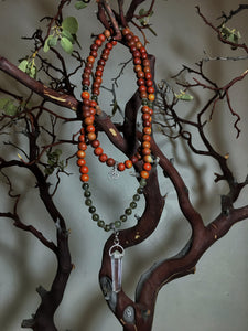 Labradorite & Redwood Mala Beads w/ Clear Quartz Pendant