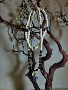 Amethyst & White Wood Mala Beads w/ Raw Amethyst Pendant