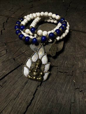 Lapis Lazuli & White Howlite 108 Mala Beads w/ Ganesh