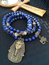 Load image into Gallery viewer, Lapis Lazuli &amp; Citrine 108 Mala Beads w/ Egyptian Pharaoh