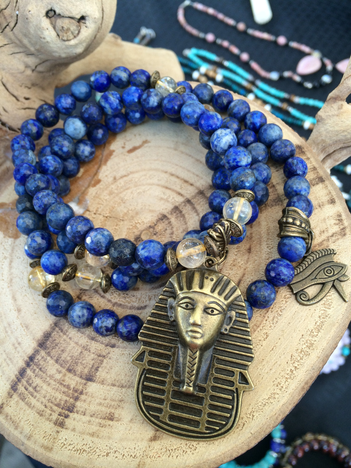 108 Mala Beads Ankh Necklace Rosewood & Lapis Lazuli Egyptian