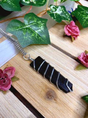 Black Tourmaline Flat Point Crystal Silver Necklace